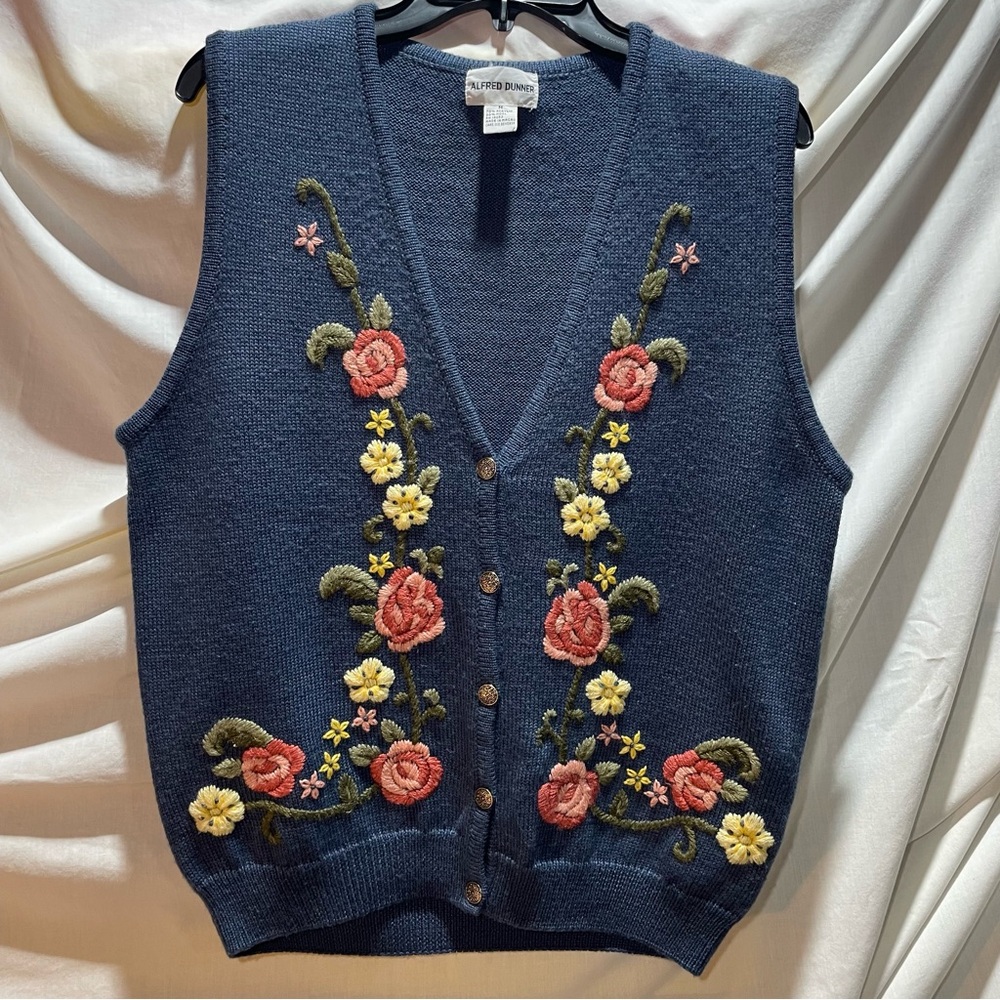 Alfred Dunner Blue Sweater Vest with Floral Embroidery